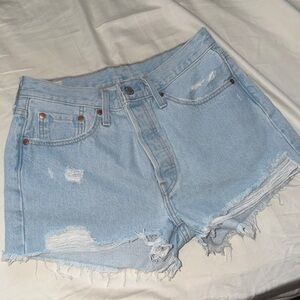Levis 501 Original Light Blue Distressed Denim Women’s Shorts